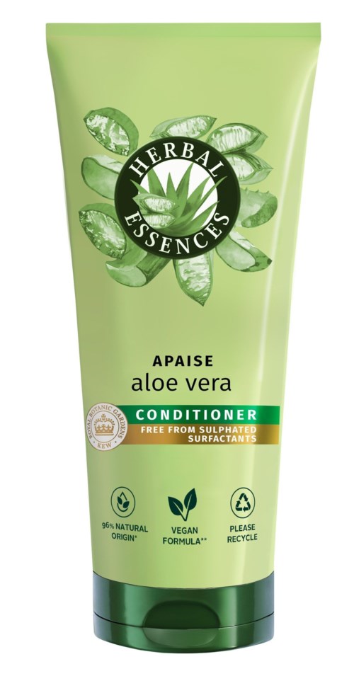 Green aloe vera conditioner tube with herbal essence label, vegan icon, and note of natural, free from sulfates.