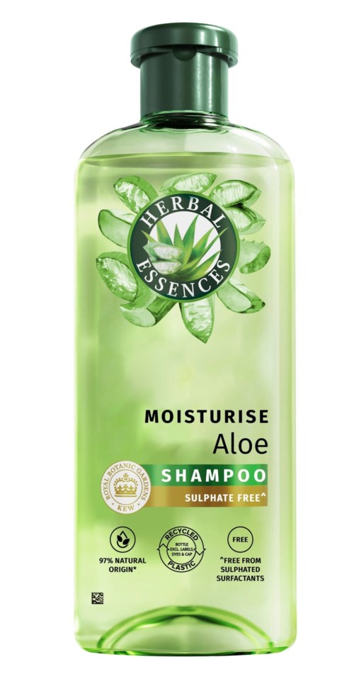 A green bottle of aloe shampoo with herbal logo, claiming to be natural, moisturizing, sulfate-free, and free from harmful chemicals.