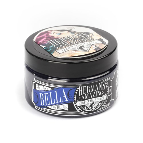 Mały czarny pojemnik z farbą do włosów Bella Blue od Hermans Amazing Direct Hair Color.