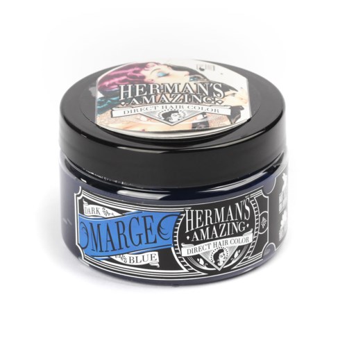 A jar of Herman's Amazing Marge Blue hair color with a black lid and colorful label.