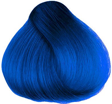 A glob-shaped, vibrant blue hair swatch with shiny, smooth strands.
