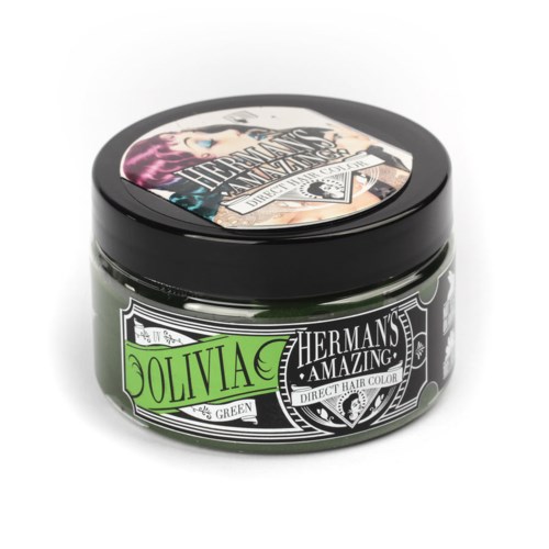 A small jar with black screw lid, labeled "Olivia" hair color, green, and a fancy black and white design.