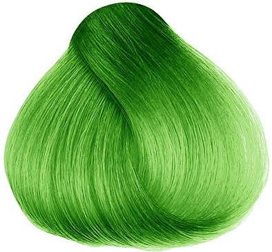 A shiny, smooth, bright green hair wig or hairpiece shaped like a droplet.