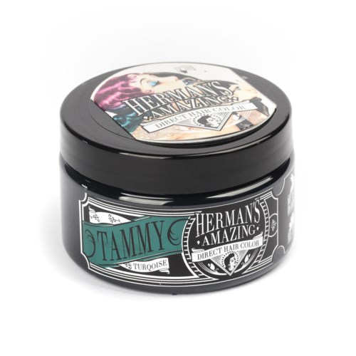 A black jar of hair color labeled "Tammy" with turquoise accents, featuring text "Hermans Amazing" and "Direct Hair Color."