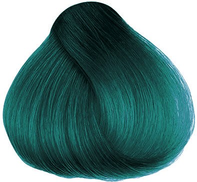 A hair dye swatch showing shiny, smooth hair with a deep teal color.