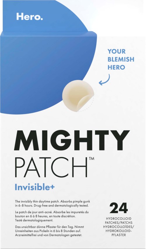 Eine Schachtel Mighty Patch, eine Aknebehandlung, mit blau-weißen Design, kleiner Patch und Beschreibung.