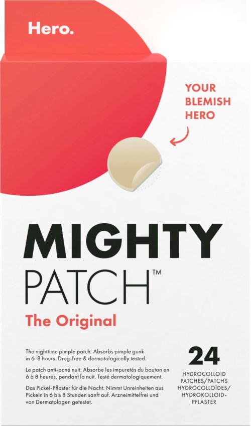 A box of Mighty Patch, a spot treatment with 24 hydrocolloid patches for blemishes, showcasing the patch and branding.