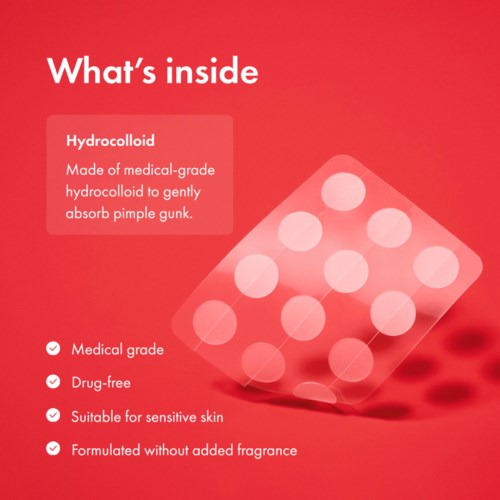 Diagram showing hydrocolloid's benefits: absorbs oil, safe for sensitive skin, no fragrance, medical-grade, drug-free.