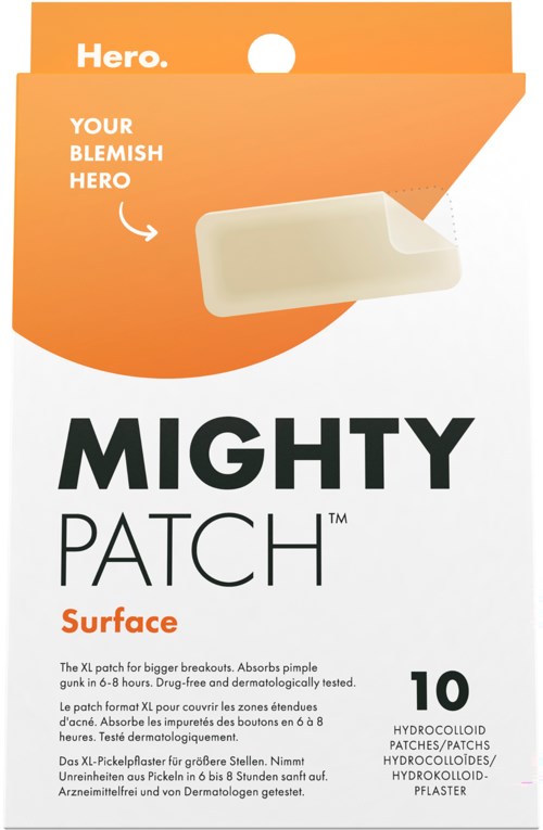Eine Packung Mighty Patch Surface für Akne, die einen Patch und Informationen über die Anwendung zeigt.