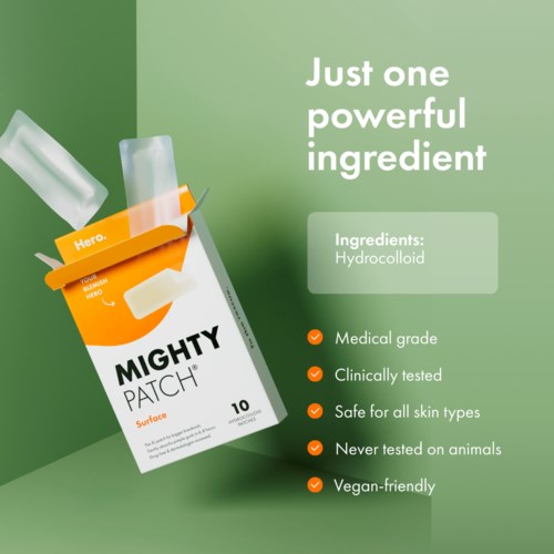 Eine Schachtel Mighty Patch mit einer Hydrocolloid-Pflaster, grüner Hintergrund und Text, der die Produkteigenschaften hervorhebt.