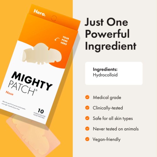 Ein Packungsleitfaden für ein Hero-Hautpflegeprodukt mit Schritten: Haut vorbereiten, Pflaster auftragen und warten.