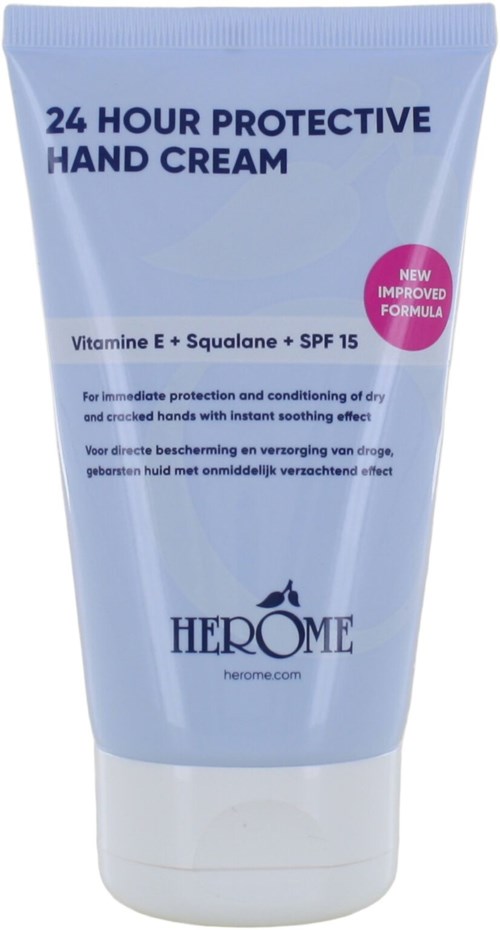 A tube of hand cream labeled '24 HOUR PROTECTIVE HAND CREAM,' with ingredients and brand name Hero. Contains SPF 15.