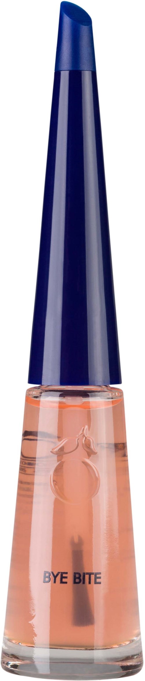 A lip gloss bottle with a blue cap and clear container labeled 'BYE BITE'.