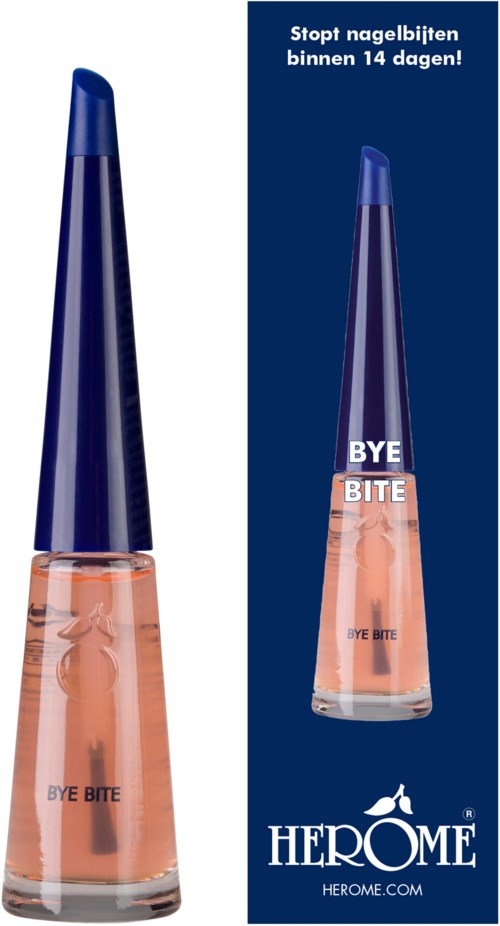 A nail product called Bye Bite by HEROME, in a tall, blue-capped bottle with peach-colored liquid.