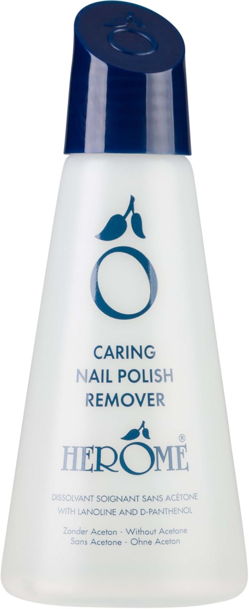 Nail polish remover bottle with blue cap and label, brand name Herome, mentions caring and acetone-free.