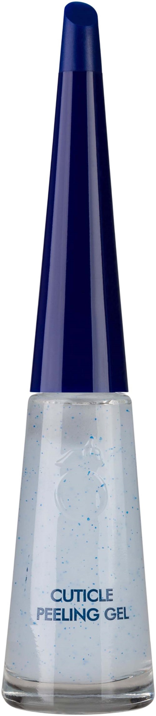 A clear bottle with blue cap labeled 'Cuticle Peeling Gel'. It contains a gel with blue and white particles.