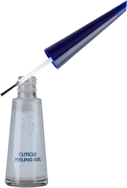 A small bottle of cuticle peeling gel with a blue brush applicator.