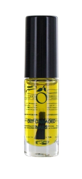 Small yellow bottle with a black cap, likely for nail polish or oil. Label with text is visible on the bottle.