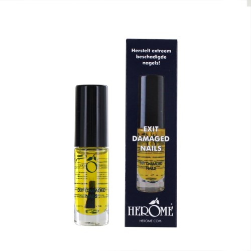 A small yellow nail repair oil bottle with black cap, next to its box that shows the product name and description.