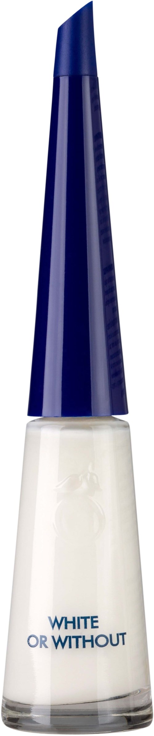 A clear nail polish bottle with a blue cap, labeled "WHITE OR WITHOUT."