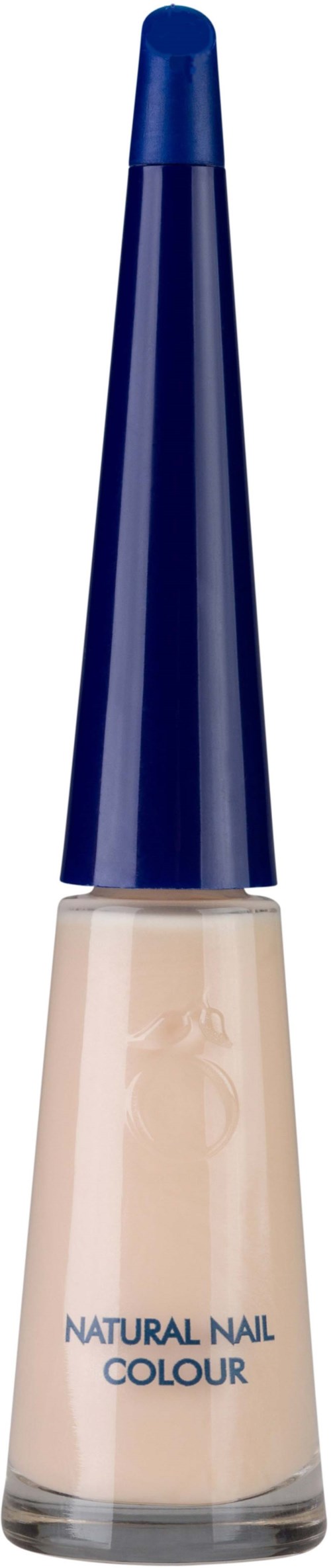 A bottle of nail polish with a beige color and a blue cap. The label says "Natural Nail Colour."