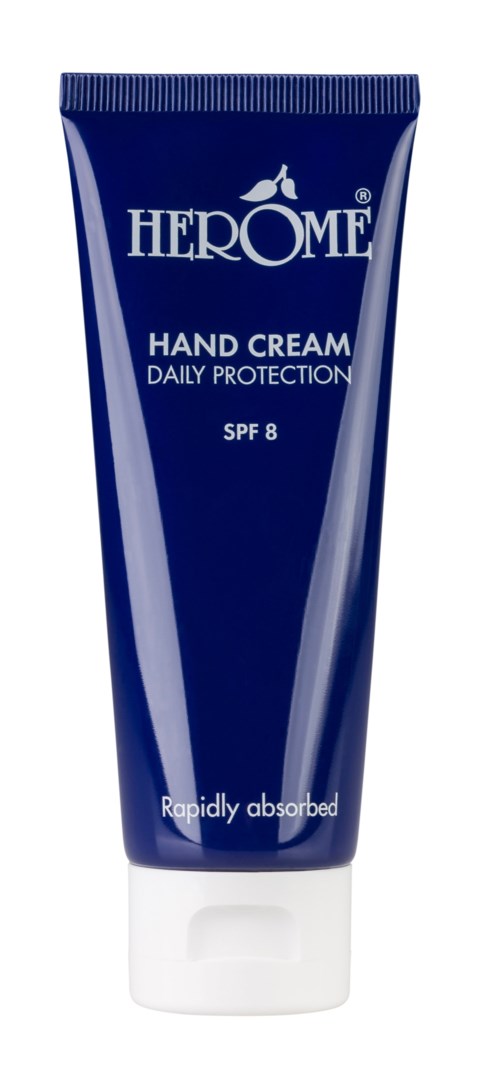 Blue tube of Herome hand cream with SPF 8 for daily protection, quickly absorbed.