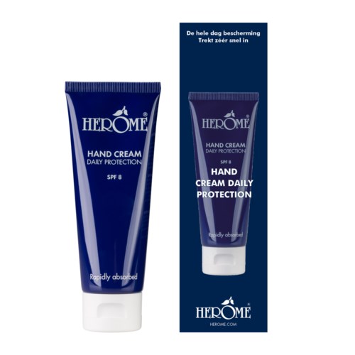 A blue tube of HeroMe hand cream with SPF 8, next to a matching box, labeled for daily protection and fast absorption.