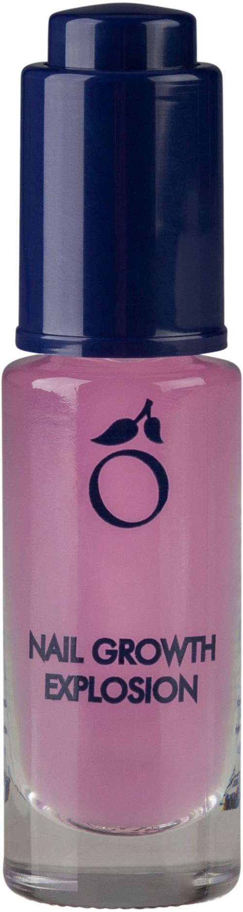 Pink nail polish bottle with a blue cap and a logo, labeled "NAIL GROWTH EXPLOSION."