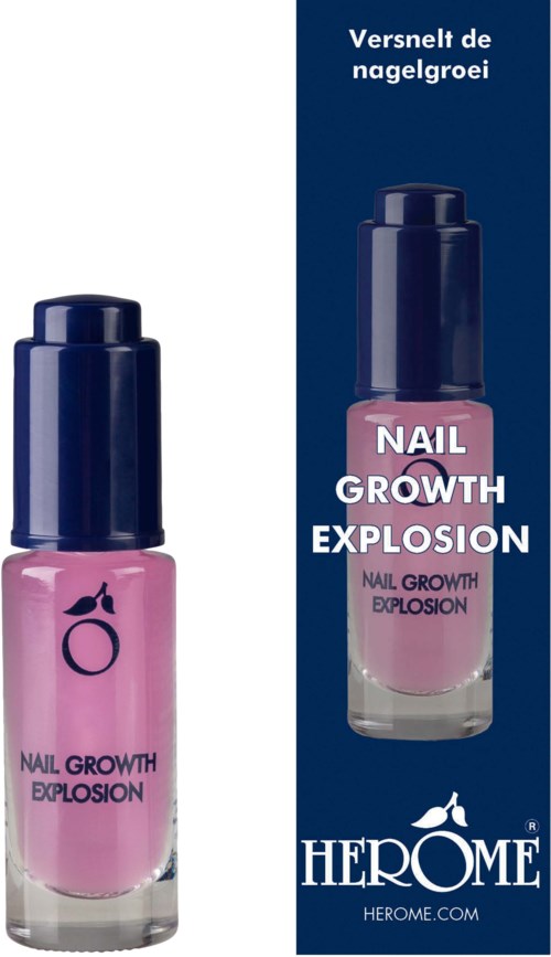 Pink nail polish bottle with broad blue cap and Herome logo. Vertical blue banner with product name and website.