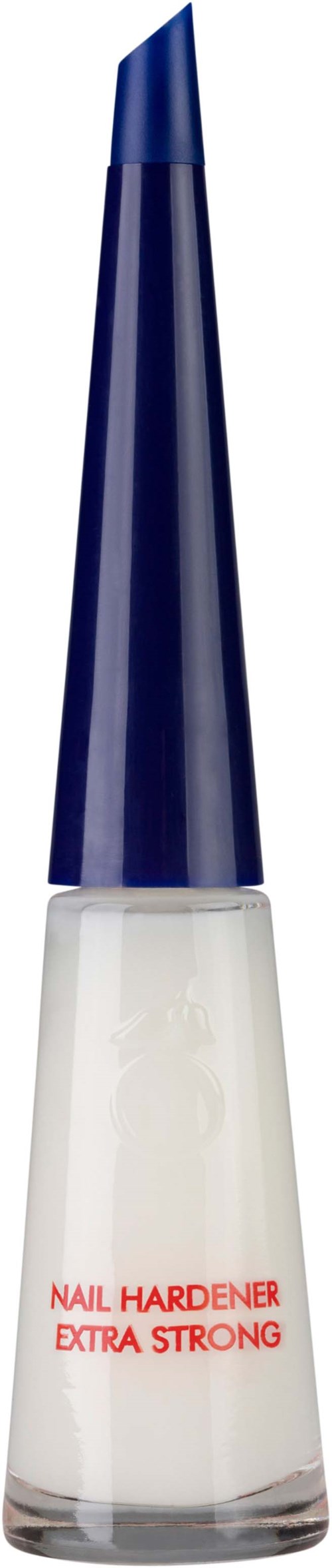 A bottle of white nail hardener with a blue cap and red text indicating it is extra strong.