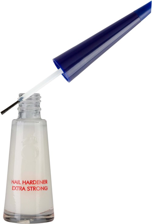A nail hardener bottle with a brush applicator, labeled 'Nail Hardener Extra Strong,' with the cap lifted.