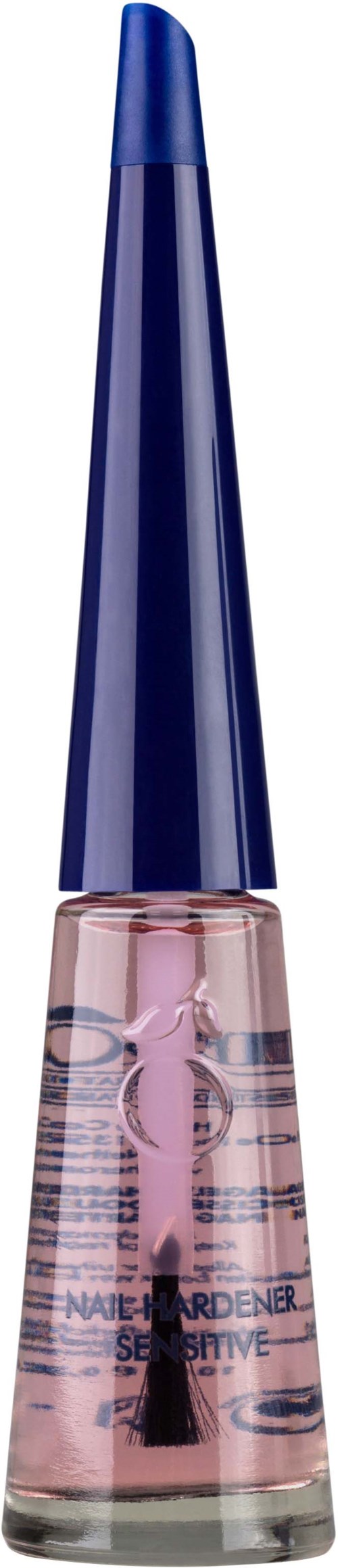 A nail polish bottle with a pink base and a blue cap, likely for eyeshadow or nail art.
