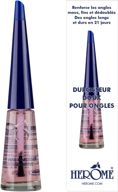 A bottle of nail hardener with a long blue applicator brush, pink liquid inside, and product details in French.