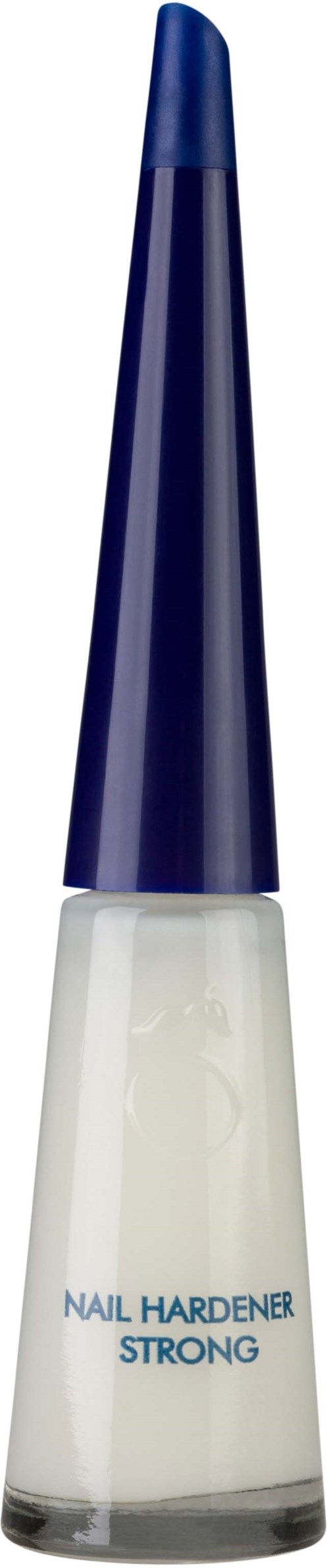 A nail hardener bottle with a white base and a long blue cap.