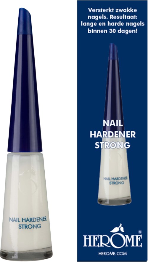 A blue and white bottle labeled 'Nail Hardener Strong' with text about strengthening nails in 30 days.
