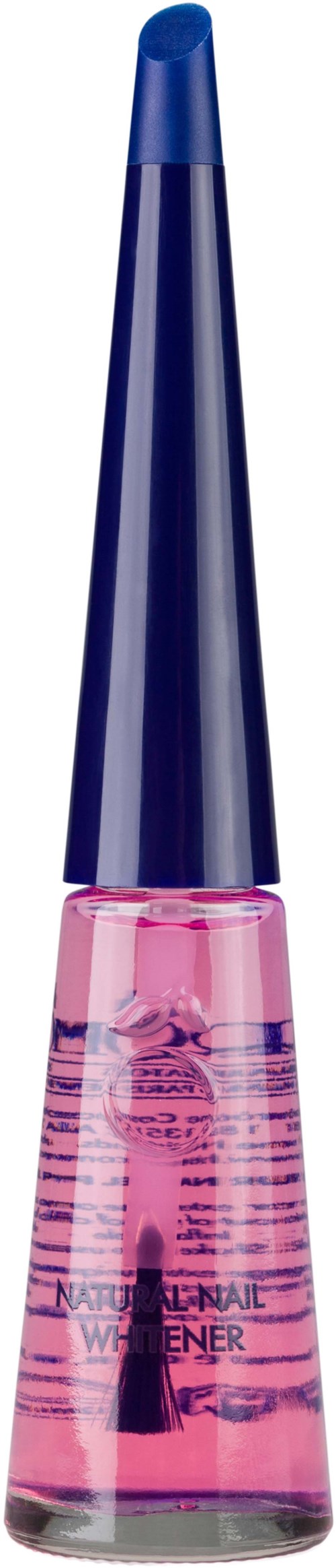 A pink nail polish bottle with a long blue cone cap on top.