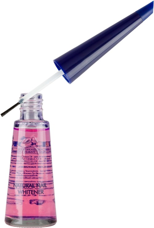 A pink nail polish bottle with a dark blue applicator brush extended above it.