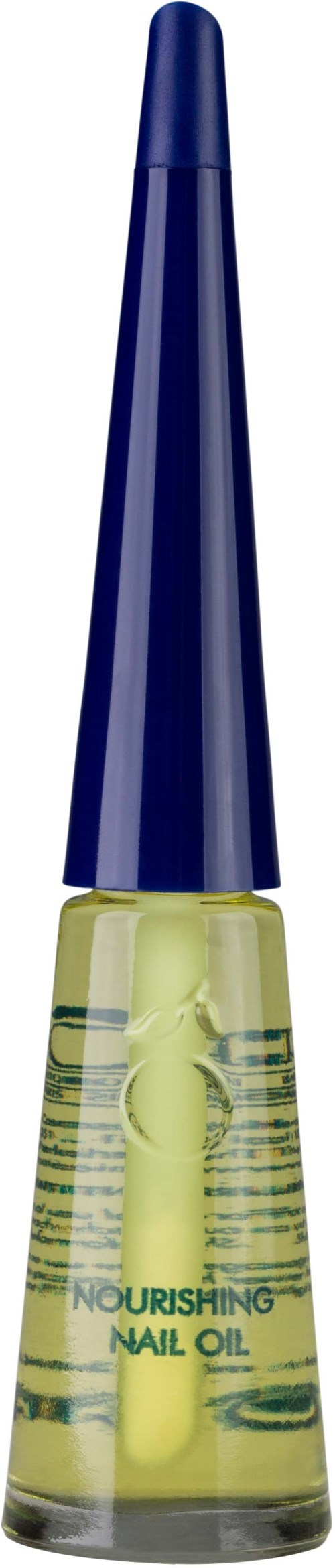 Blue cap, yellow nail oil bottle, labeled "Nourishing Nail Oil," with a dropper inside. Simple design, focused on the product.