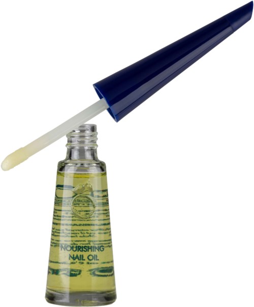 A nail oil bottle with a blue applicator brush extending above it.