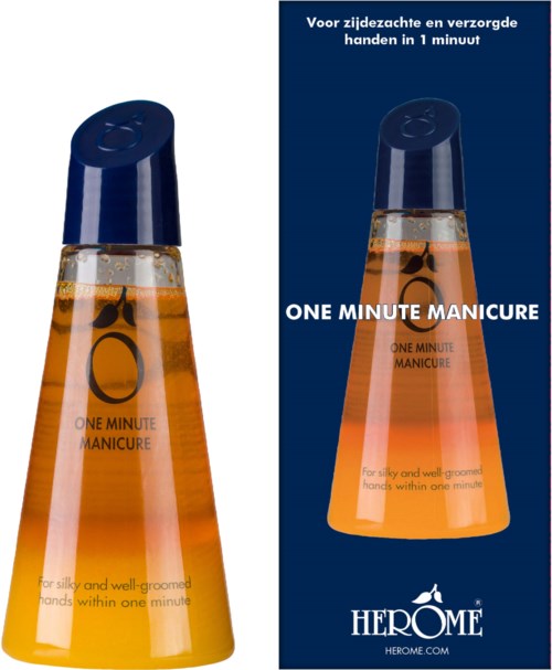 A small orange bottle with a dark blue cap, labeled "One Minute Manicure" for quick hand grooming.