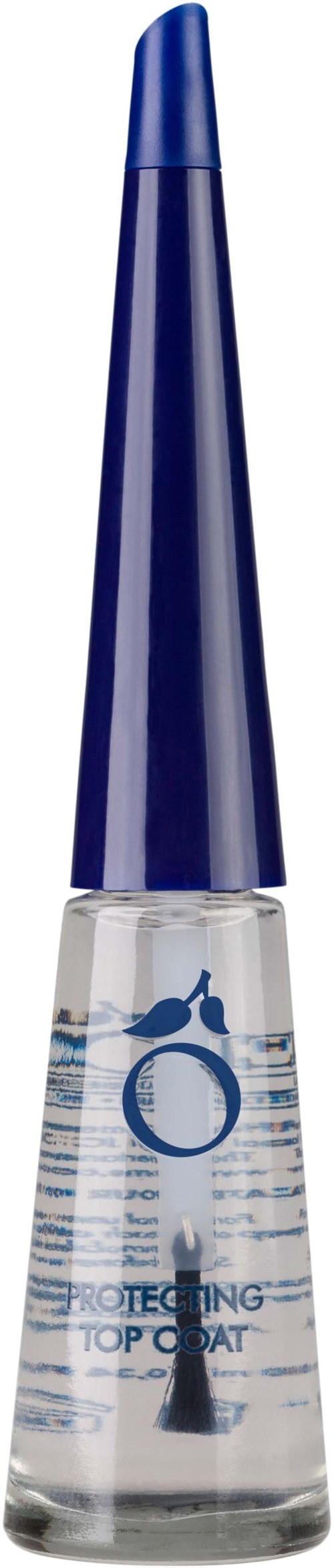 A nail polish bottle with a blue cap and clear liquid inside. The label says 'Protection Top Coat'.
