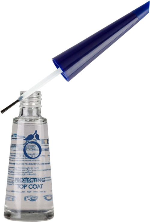 A clear nail polish bottle with a blue cap and brush applicator. The bottle has a logo and label on it.