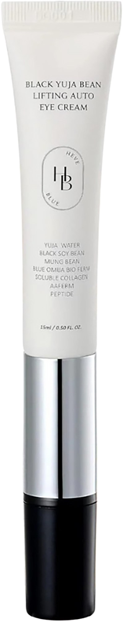 Eine Tube mit Augencreme, weißer Körper, silberner Deckel, schwarzer Boden, bezeichnet Black Yuja Bean.