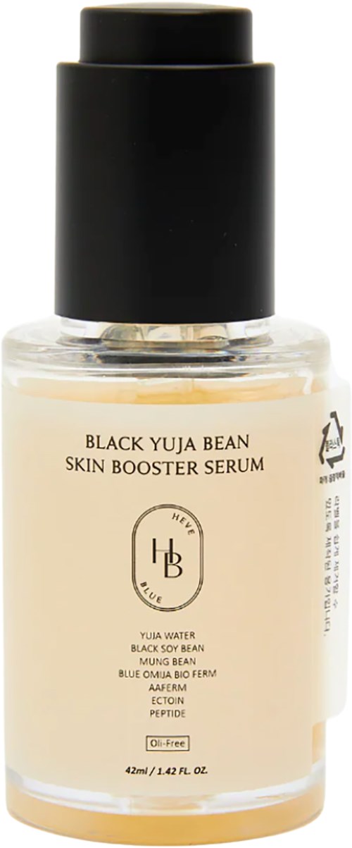 Kleine klare Flasche mit schwarzen Verschluss, beschriftet Black Yuja Bean Skin Booster Serum, mit Inhaltsstoffliste auf der Vorderseite.