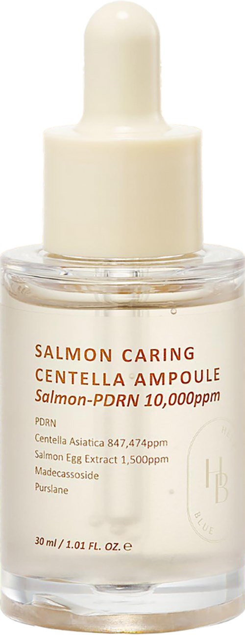 Eine klare Flasche mit Tropfer enthält Lachs-Hautpflege-Serum, etiketti mit Inhaltsstoffen und Konzentrationsdetails.