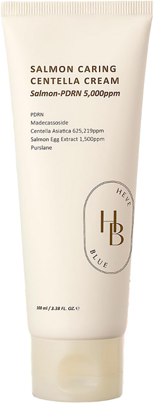 Tube mit Salmon Caring Centella Cream für Hautpflege, mit Zutaten und Logo.