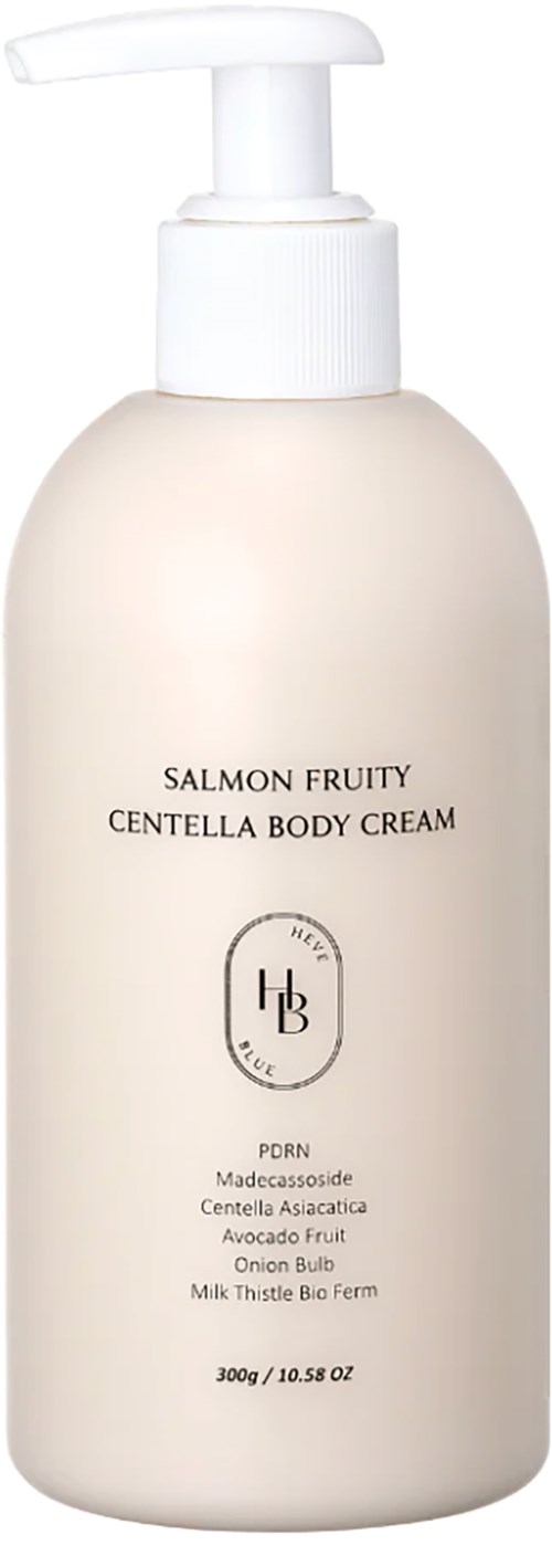 Eine weiße Flasche mit Pumpe enthält Lachsfrucht Körpercreme mit natürlichen Inhaltsstoffen.