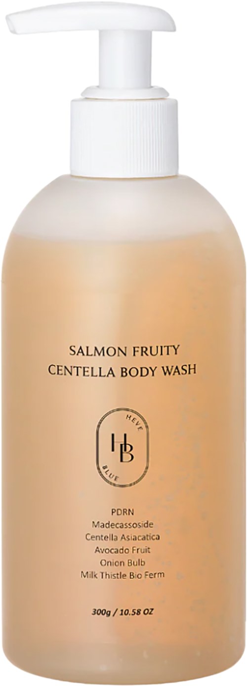 Ein beiger Flasche mit Pumpe, labeled salmon fruity centella body wash, enthält natürliche Zutaten wie Avocado und Zwiebel.