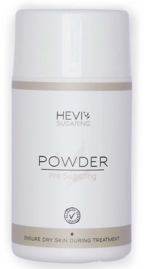 Ein weißer Behälter mit HEVIX Powder, vorzuckergehende Hautbehandlung für trockene Haut. Es ist zylindrisch mit einfachen Labels.