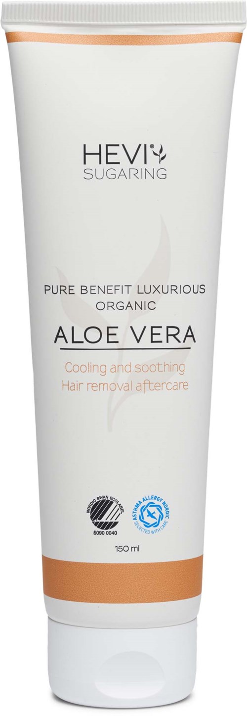 A white tube of aloe vera hair care product with gold and blue accents, labeled for soothing hair removal aftercare.